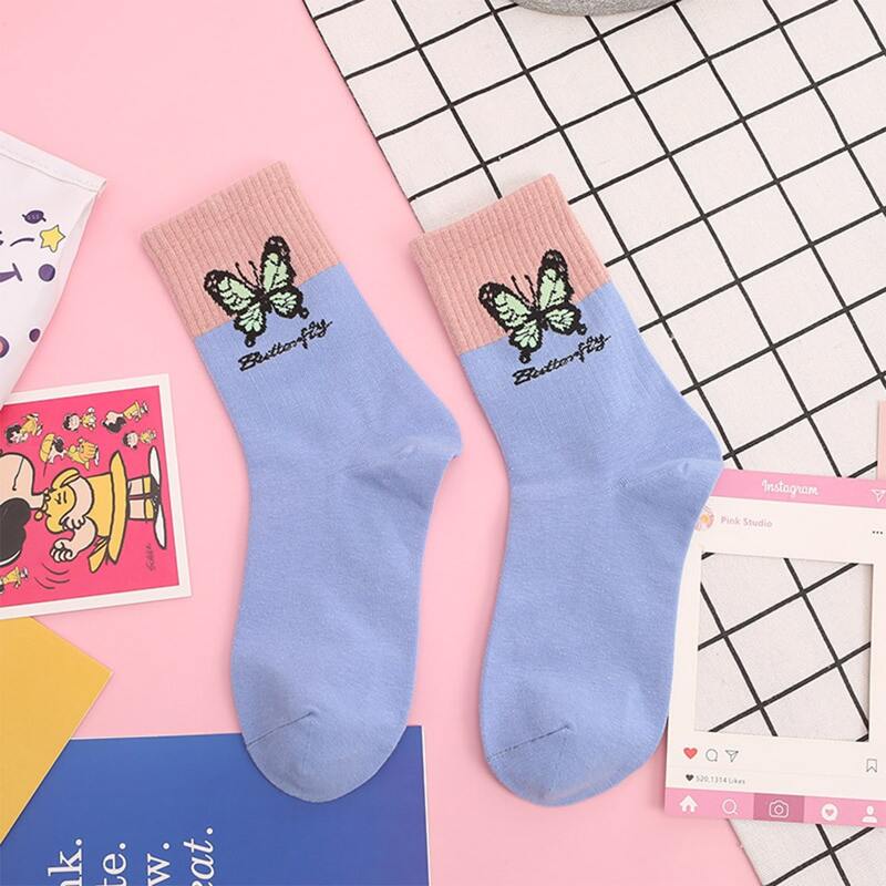 

1pair Colorblock Butterfly Pattern Socks, Baby blue