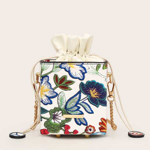 

Mini Flower Embroidered Drawstring Bucket Bag, Multicolor