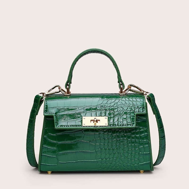 

Croc Embossed Top Handle Satchel Bag, Green