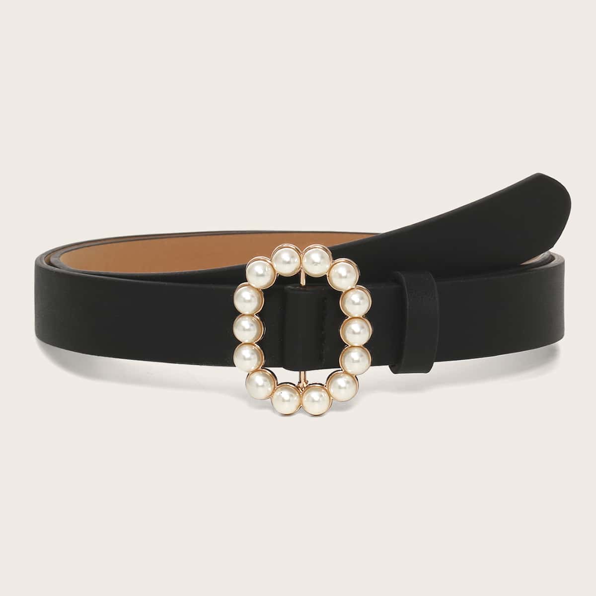 

Faux Pearls Decor Buckle Belt, Black
