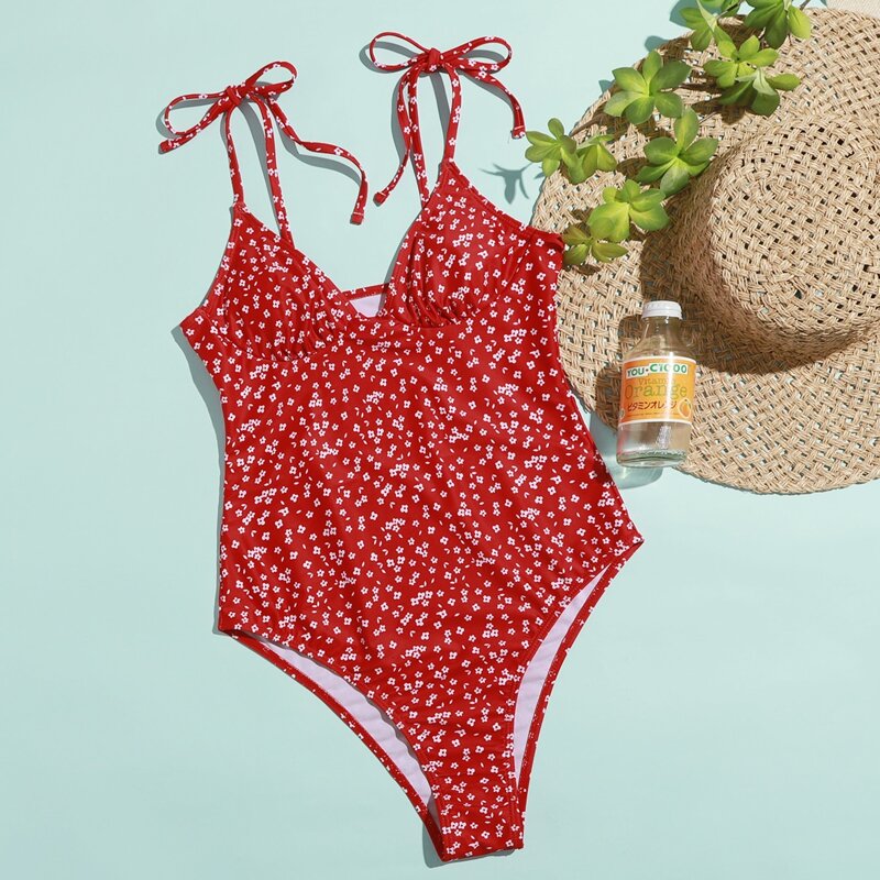 

Ditsy Floral Tie Strap One Piece Swimsuit, Red