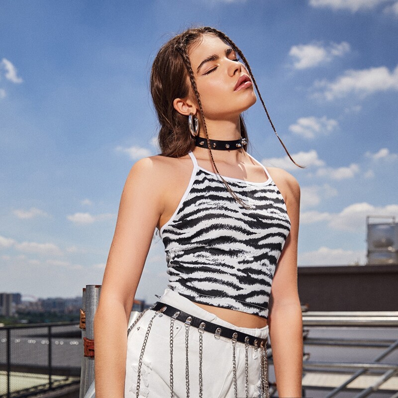 

Zebra Stripe Tie Back Halter Top, Black and white