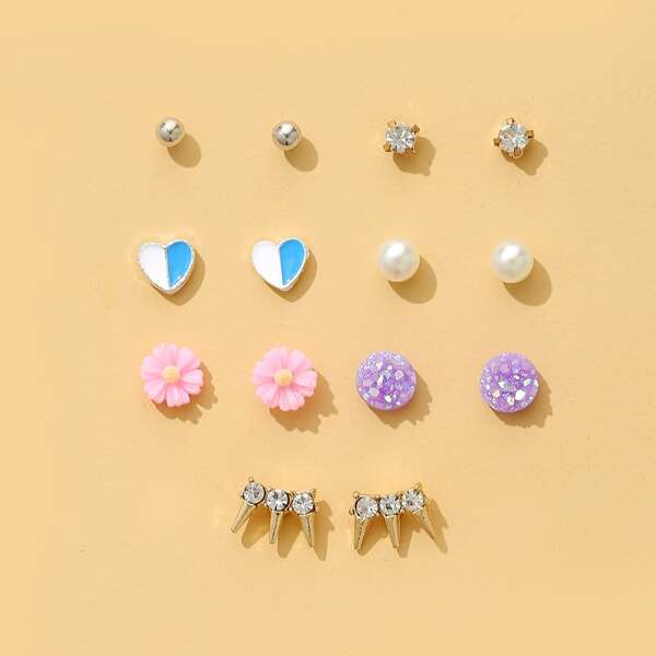 

7pairs Flower Shaped Stud Earrings, Multicolor