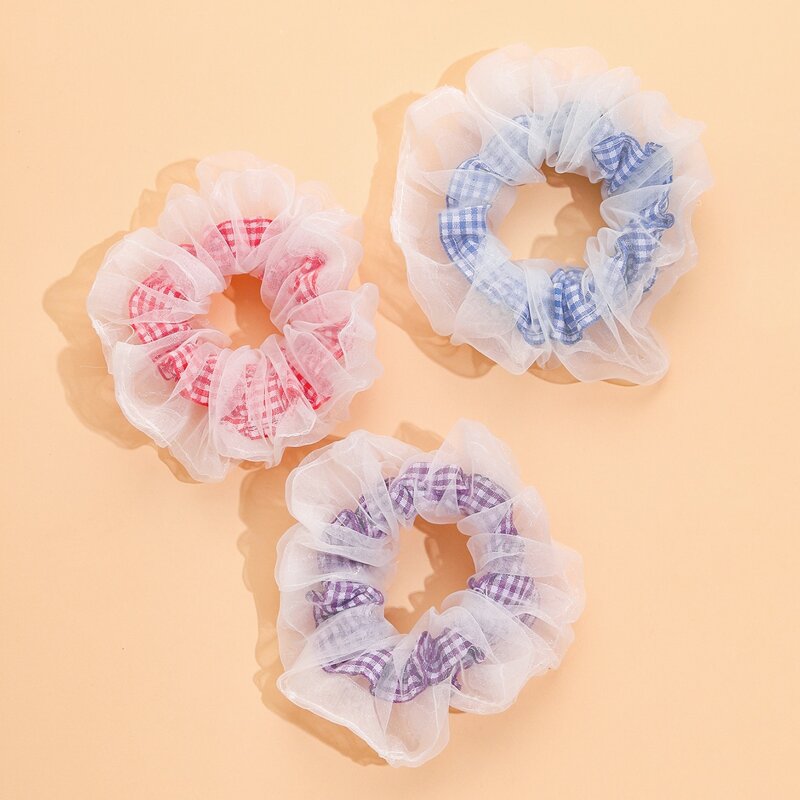 

3pcs Gingham Graphic Mesh Hair Tie, Multicolor