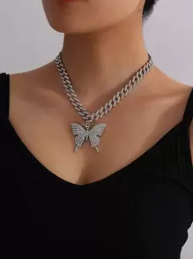蝴蝶吊墜鏈條項鍊 - 銀色 - 查看 1