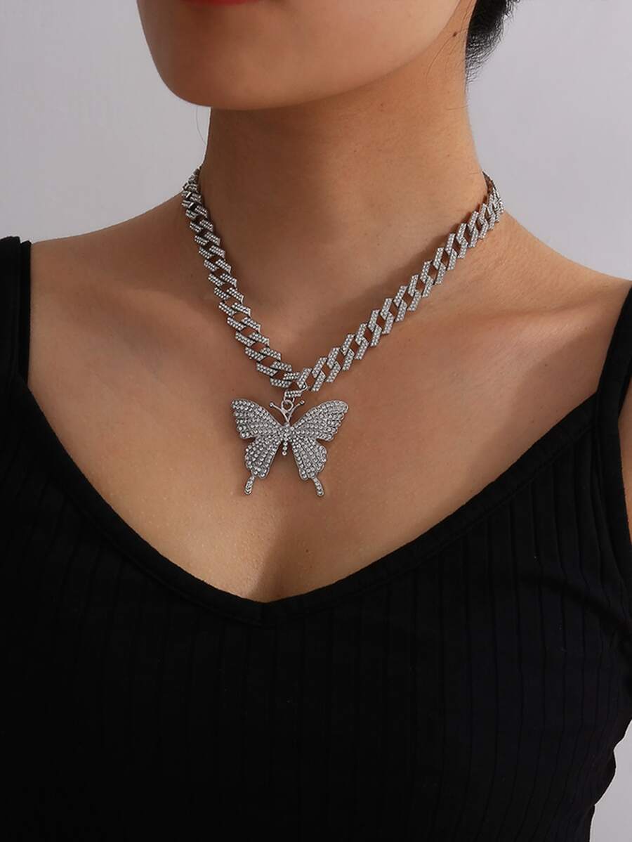 蝴蝶吊墜鏈條項鍊 - 銀色 - 查看 1