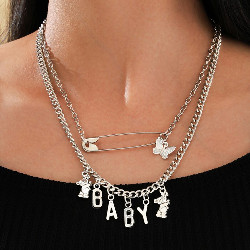 

Letter & Butterfly Decor Layered Necklace, Silver