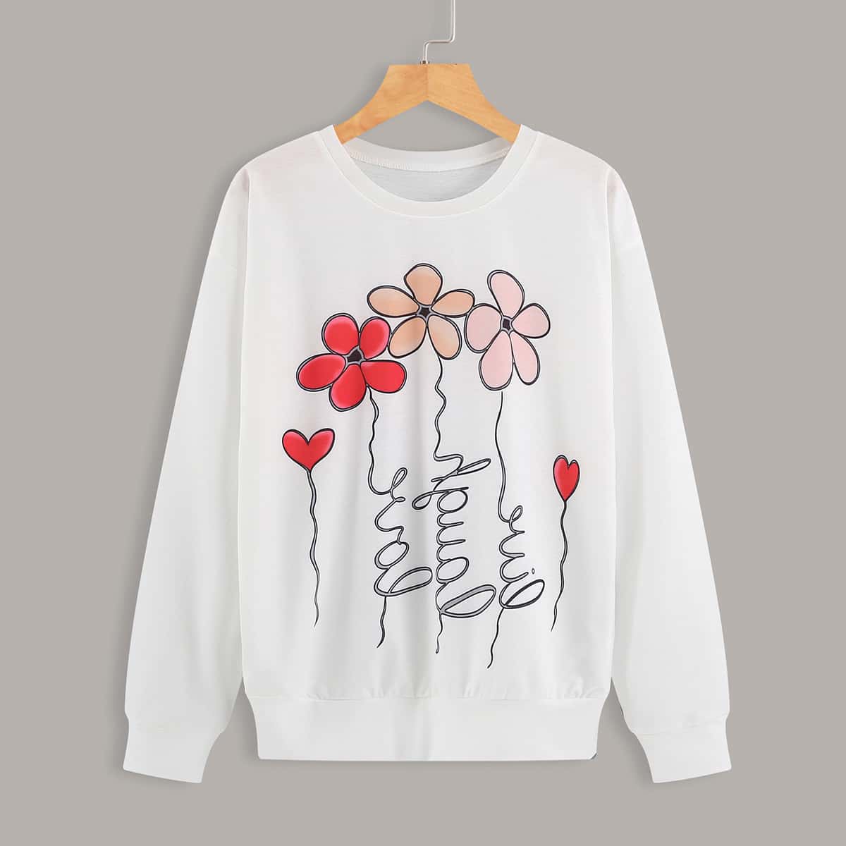 

Floral And Letter Graphic Sweatshirt, White