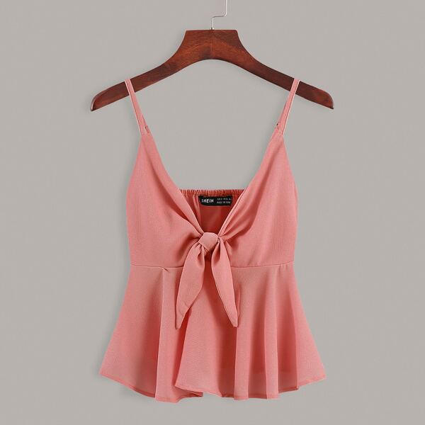

Solid Tie Front Ruffle Hem Cami Top, Coral pink