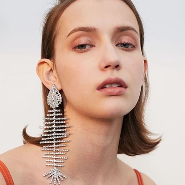

Rhinestone Fish Bone Drop Earrings, Silver