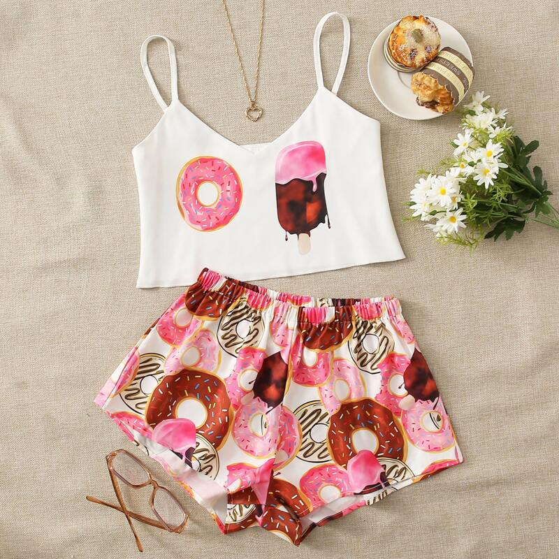 

Donut Print Cami & Shorts Pajama Set, Multicolor