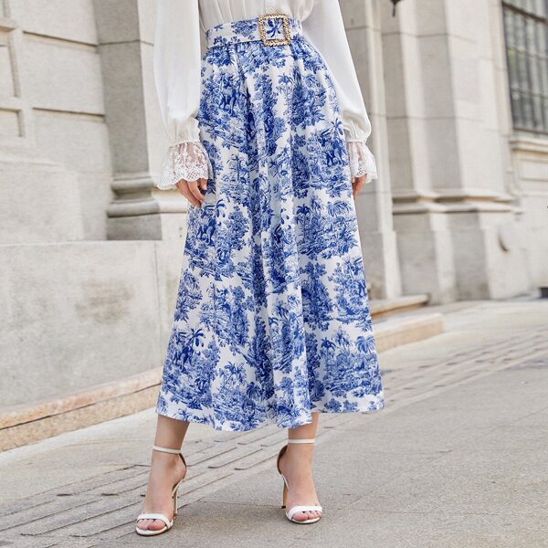 

Buckle Belted Landscape Print Skirt, Blue and white