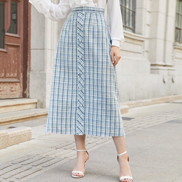 

Button Up Raw Hem Tweed Skirt, Blue and white