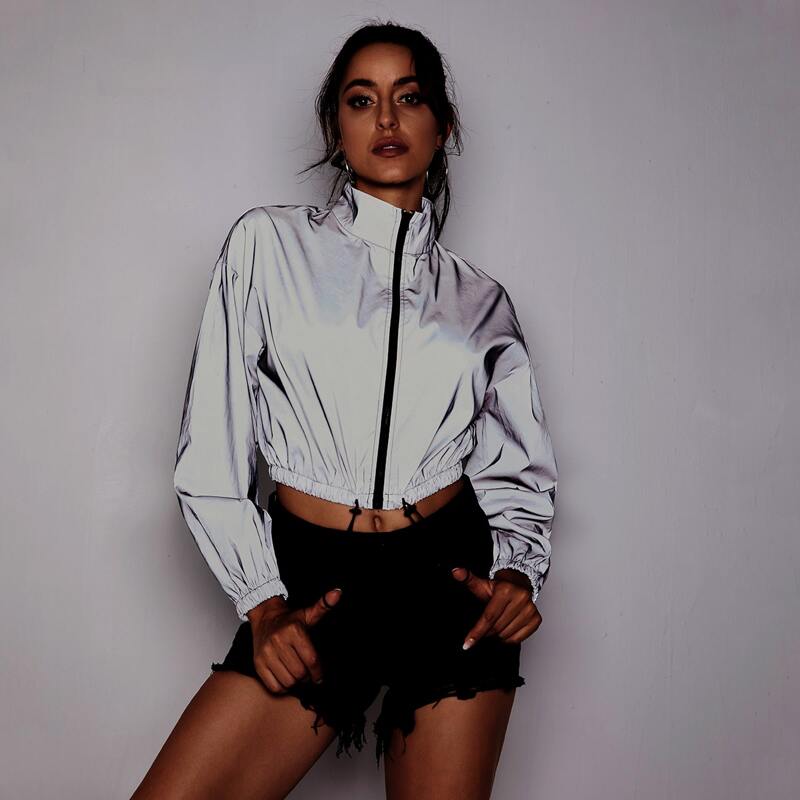 

Zip Up Drawstring Hem Reflective Jacket, Dark grey