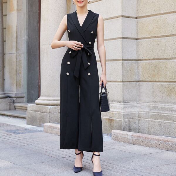 

Shawl Neck Button Front Belted Jumpsuit, Black