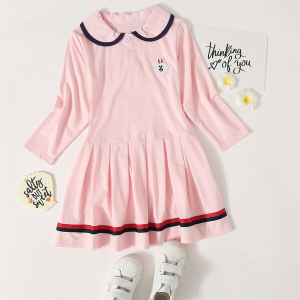 

Toddler Girls Patched Striped Tape Panel Dress, Baby pink