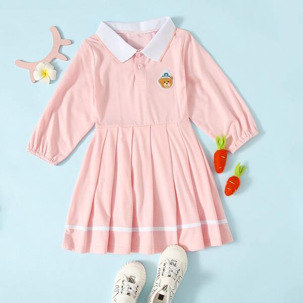 

Toddler Girls Bear Patched Pleated Hem Dress, Baby pink