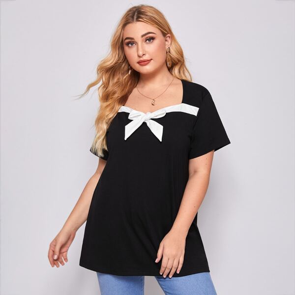 

Plus Bow Front Sweetheart Neck Tee, Black