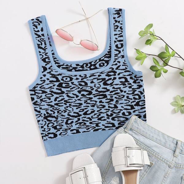 

Plus Leopard Crop Knit Tank Top, Multicolor