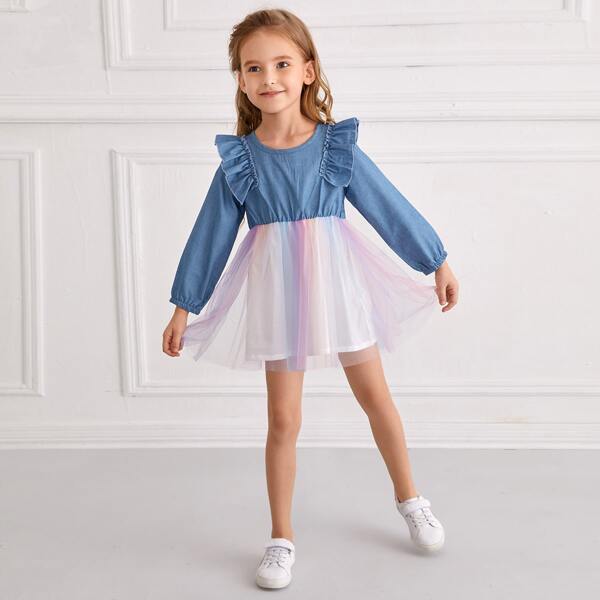 

Toddler Girls Ruffle Trim Ombre Mesh Panel Dress, Multicolor