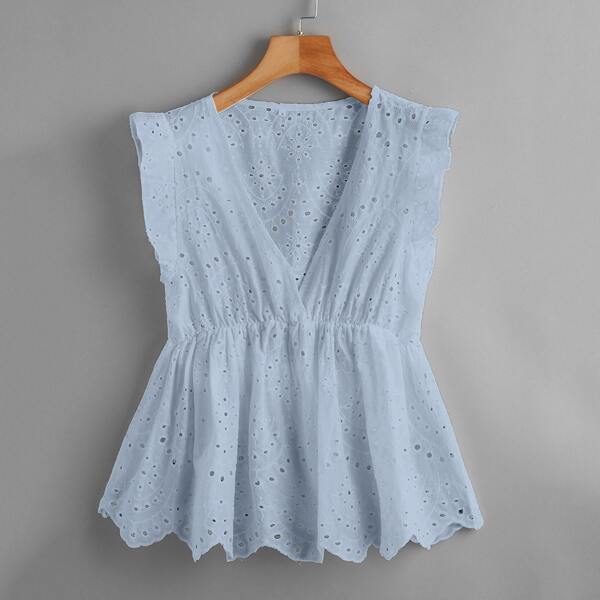 

Plus Eyelet Embroidery Ruffle Trim Peplum Blouse, Baby blue