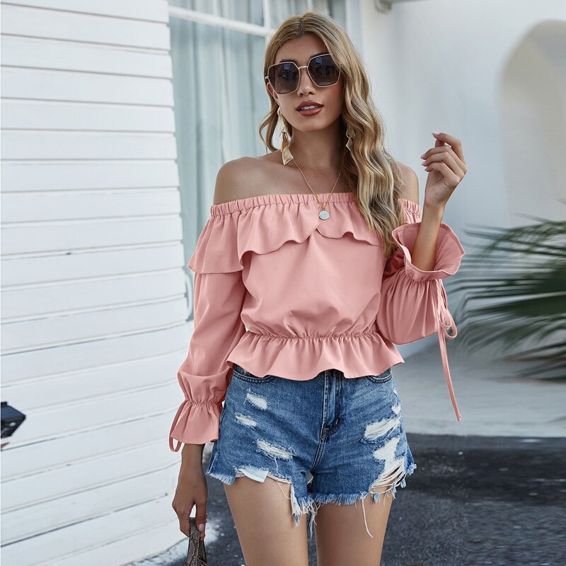 

Off Shoulder Knot Detail Sleeve Ruffle Trim Top, Dusty pink