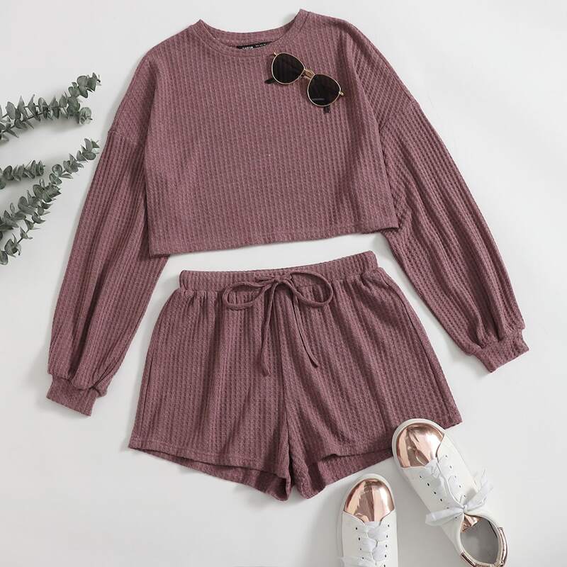 

Drop Shoulder Crop Top & Drawstring Waist Shorts Set, Redwood
