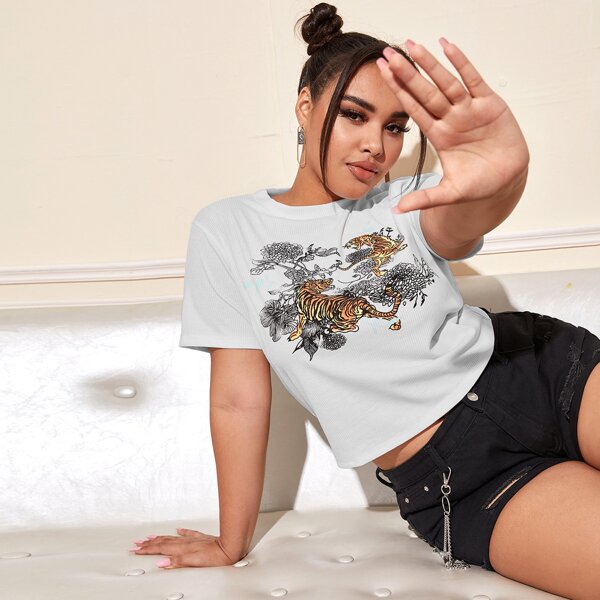 

Plus Tiger & Floral Print Tee, Light grey