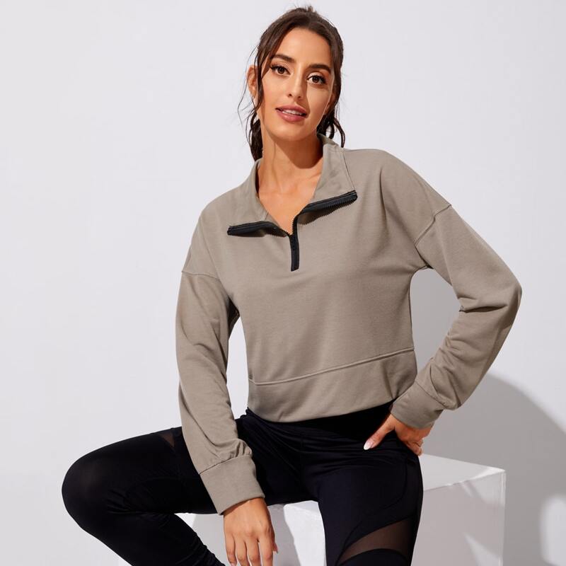 

Half Zipper Drop Shoulder Sports Sweatshirt, Mocha brown