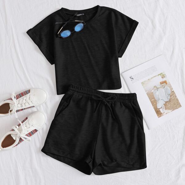 

Rolled Up Sleeve Tee & Drawstring Waist Shorts Set, Black