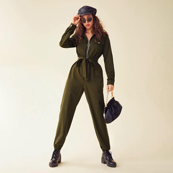 

O-ring Zipper Fly Front Belted Jumpsuit, Army green
