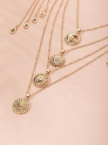 4pcs Sun Moon Design Charm Necklace - Yellow Gold - View 1