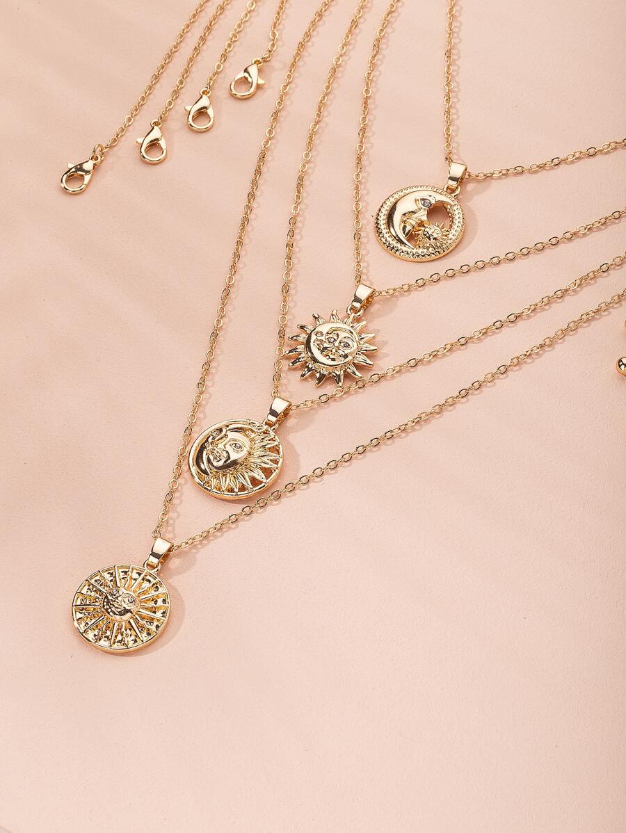 4pcs Sun Moon Design Charm Necklace - Yellow Gold - View 1