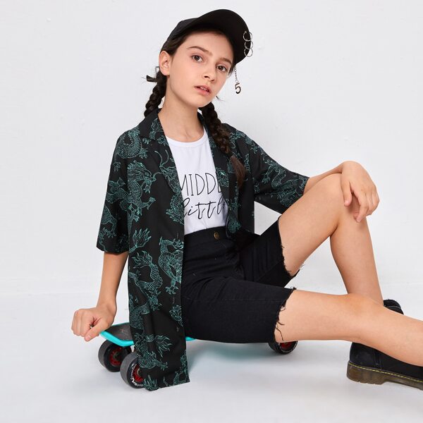

Girls Notched Collar Dragon Print Blouse, Black