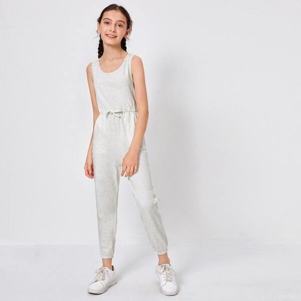 

Girls Drawstring Waist Tank Jumpsuit, Light grey
