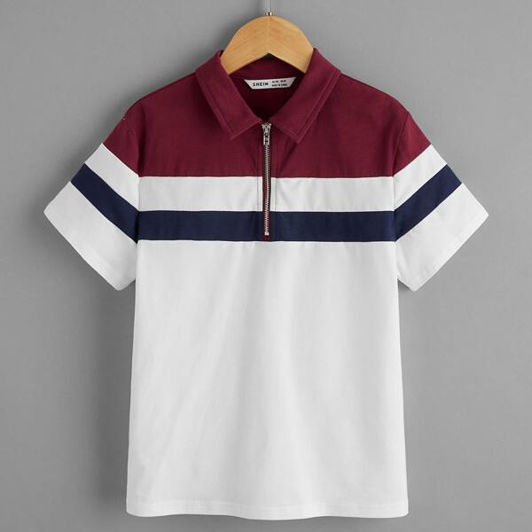 

Boys Zipper Half Placket Colorblock Polo Shirt, White