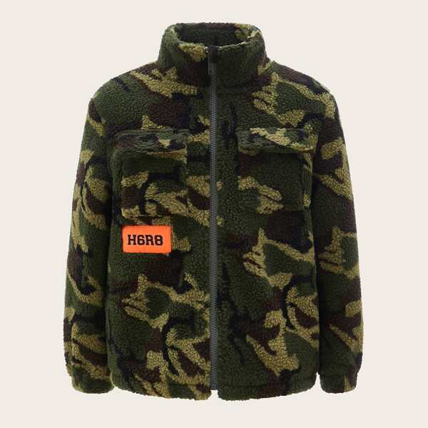 

Boys High Neck Flap Pocket Patched Detail Camo Teddy Jacket, Multicolor