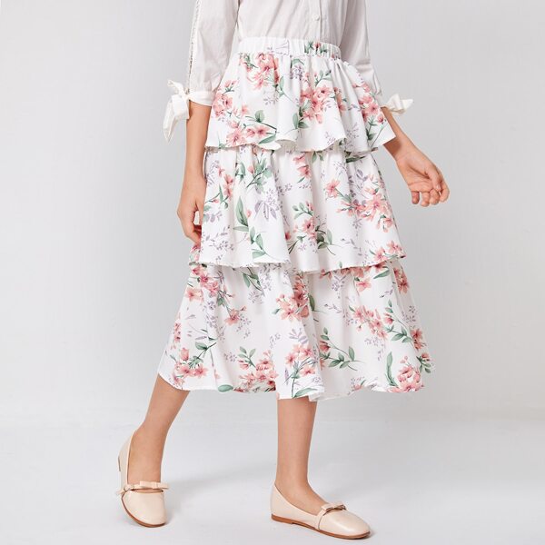 

Girls Elastic Waist Layered Hem Floral Print Skirt, White