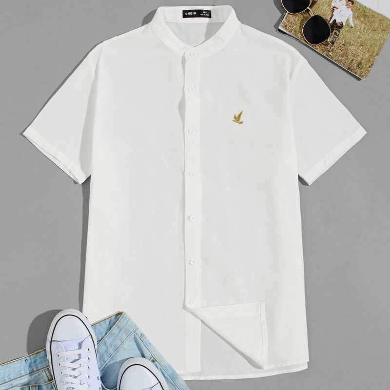 

Guys Mock Neck Embroidery Detail Shirt, White