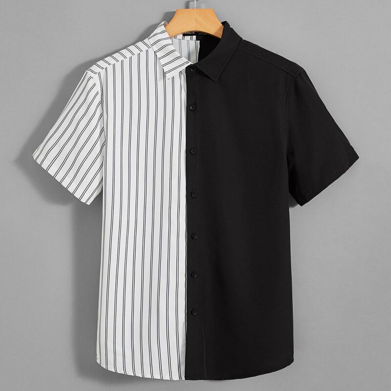 

Guys Button Front Striped Spliced Shirt, Black and white