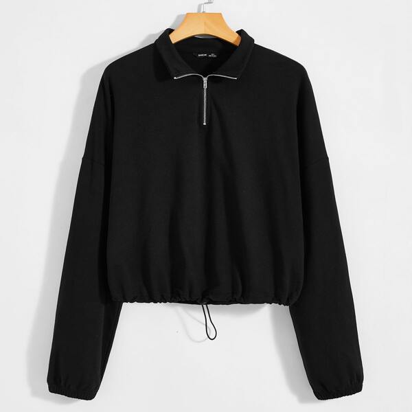 

Men Drawstring Hem Half Zipper Placket Pullover, Black