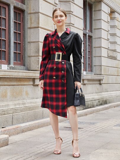 Двубортный пиджак в клетку без пояса