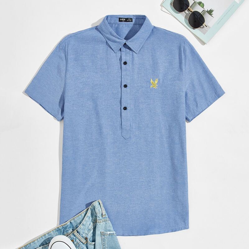 

Guys Button Half Placket Eagle Embroidered Top, Blue