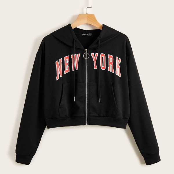 

Letter Graphic Zipped Drawstring Hoodie, Black
