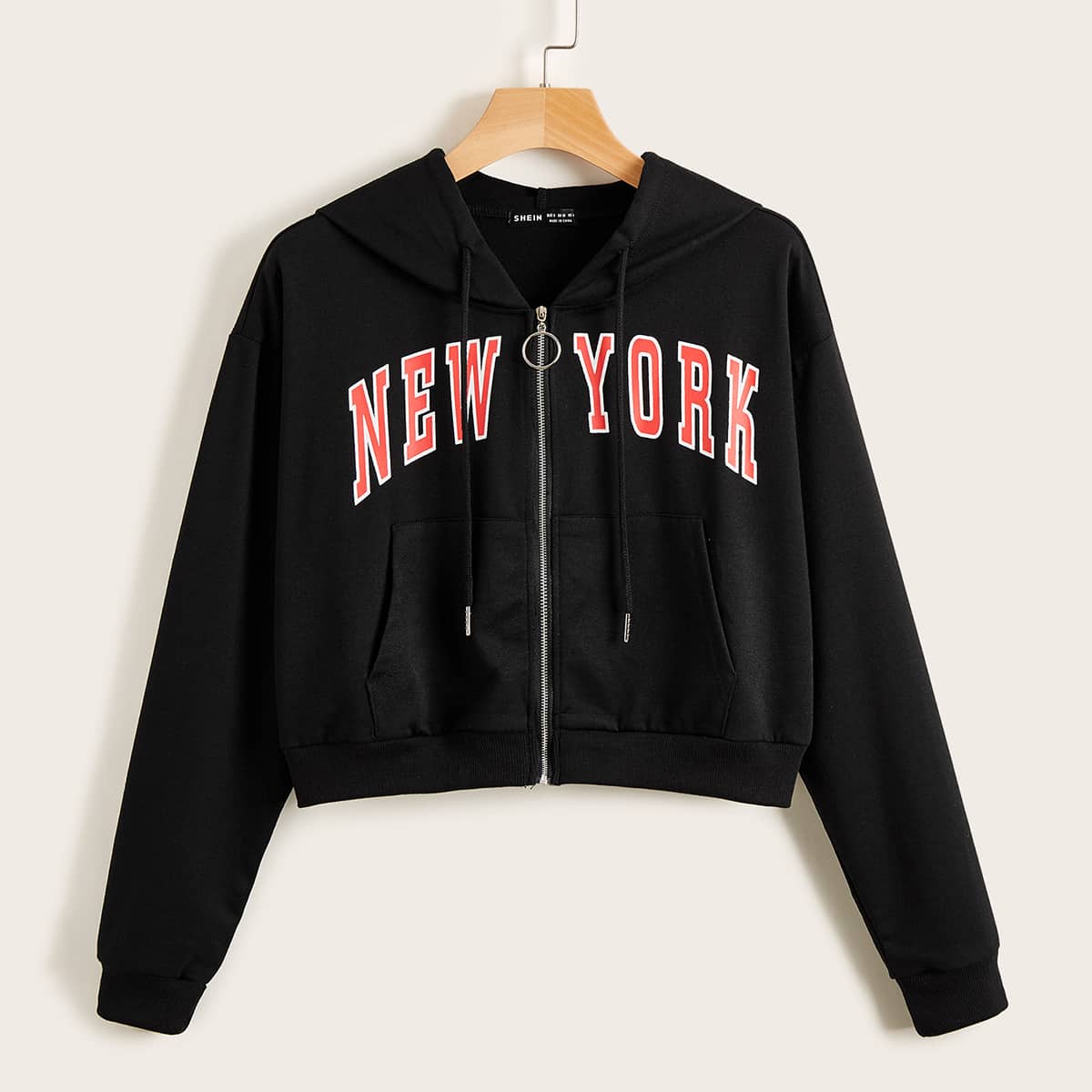 

Letter Graphic Zipped Drawstring Hoodie, Black