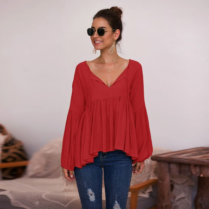 

Lantern Sleeve Babydoll Blouse, Red