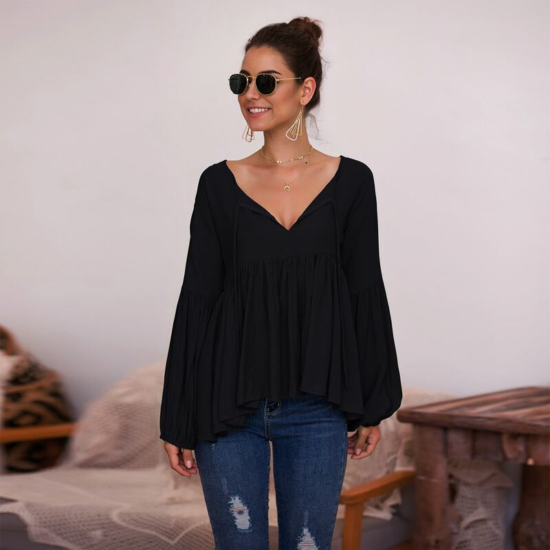 

Lantern Sleeve Babydoll Blouse, Black