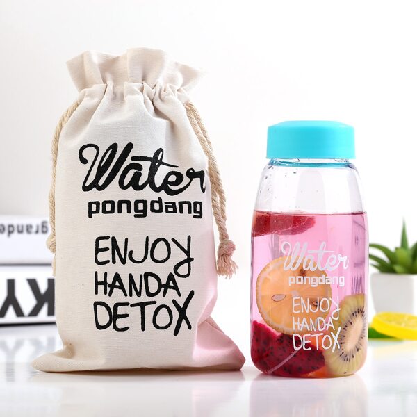 

1pc Letter Graphic Water Bottle & 1pc Storage Bag, Clear