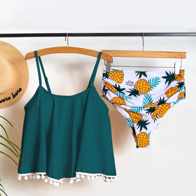

Pineapple Print Pompom Trim Ruched Bikini Swimsuit, Multicolor