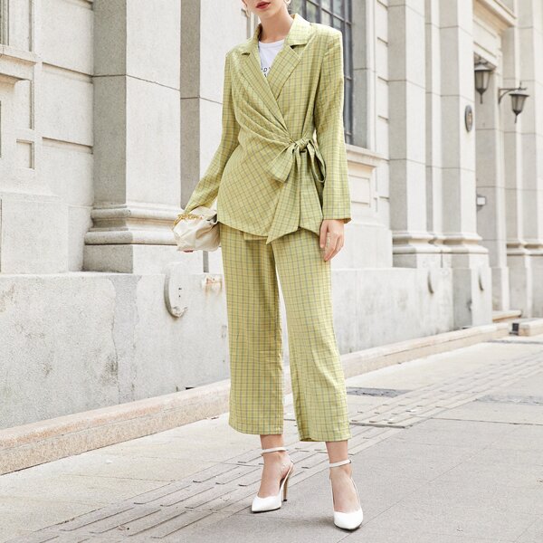 

Notch Collar Tie Side Plaid Blazer and Pants Set, Multicolor